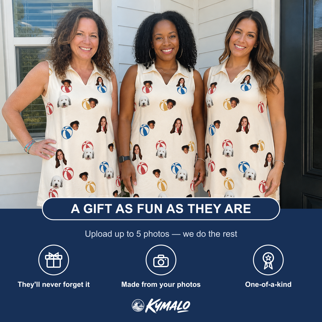 Friends in matching Women's Sandy Sidekicks Custom Face V-Neck Dress — a group gift photo