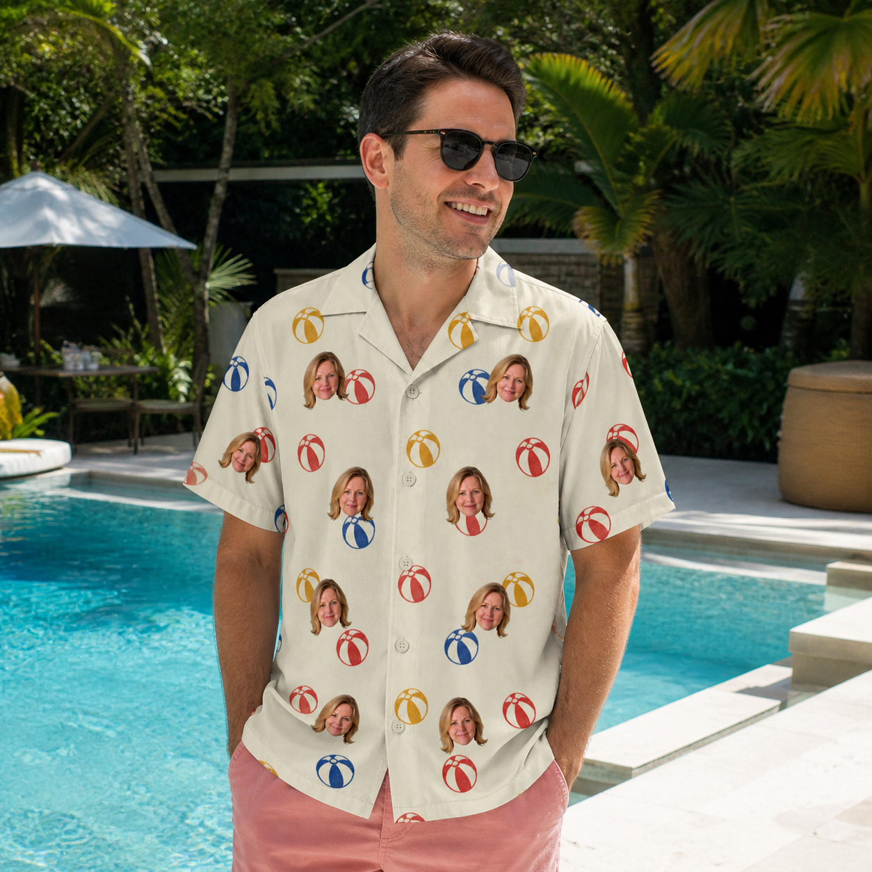 Real-life photo of someone wearing Men's Sandy Sidekicks Custom Face Hawaiian Shirt — custom faces printed all-over