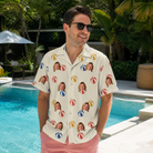 Real-life photo of someone wearing Men's Sandy Sidekicks Custom Face Hawaiian Shirt — custom faces printed all-over