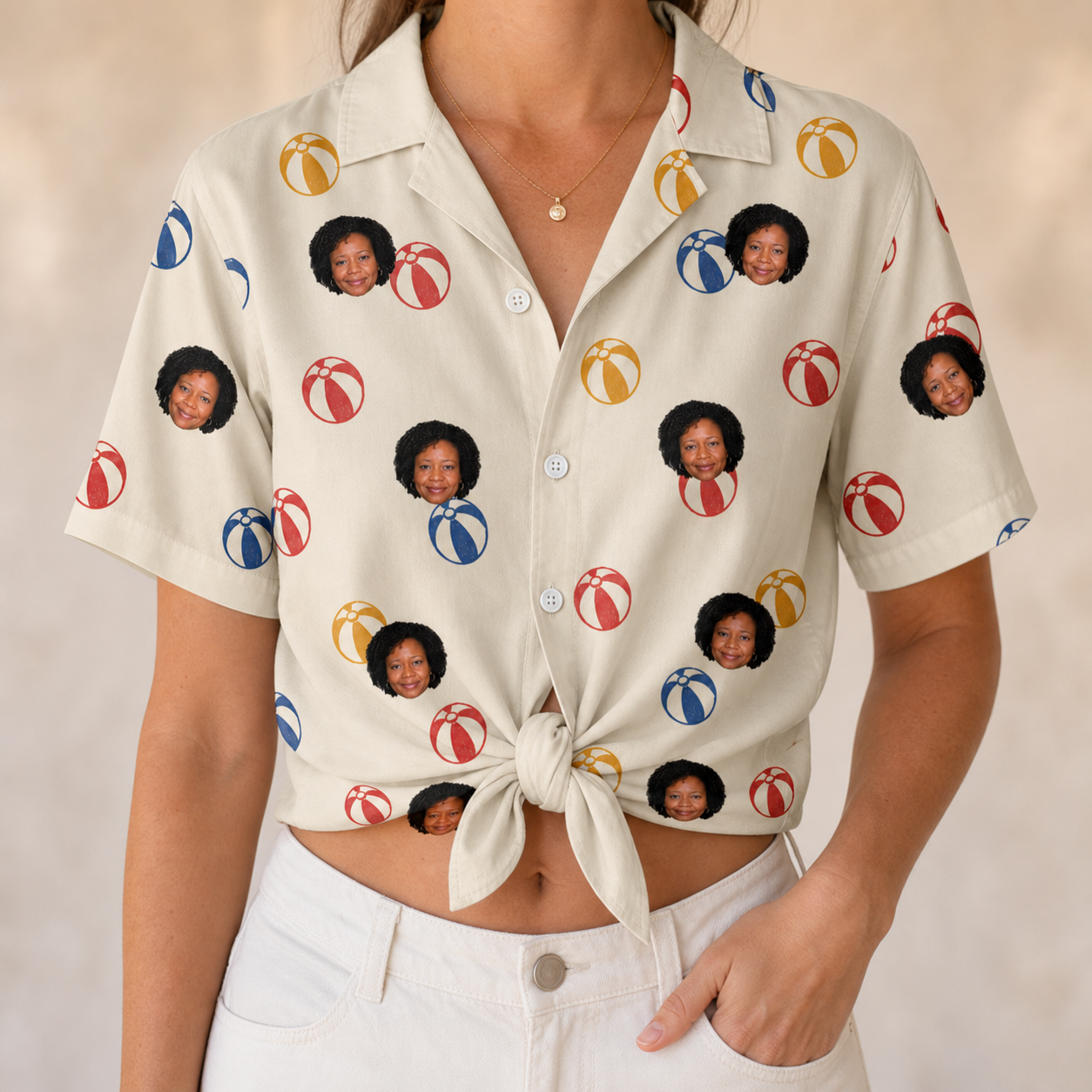 Woman wearing Women's Sandy Sidekicks Custom Face Hawaiian Shirt tied at the waist