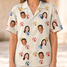 Model wearing Women's Sandy Sidekicks Custom Face Hawaiian Shirt printed with kids' faces