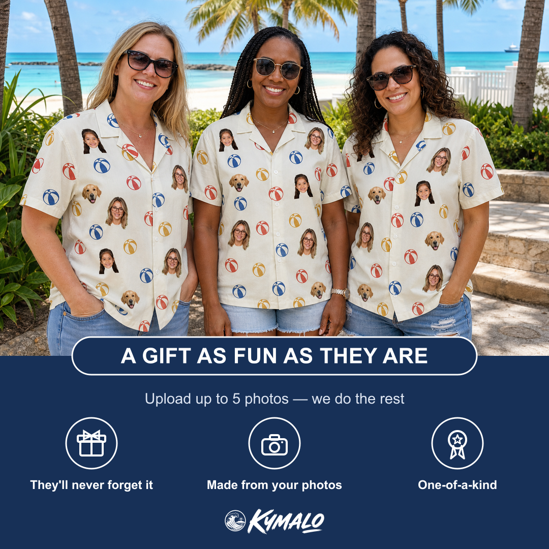 Friends in matching Women's Sandy Sidekicks Custom Face Hawaiian Shirt — a group gift photo
