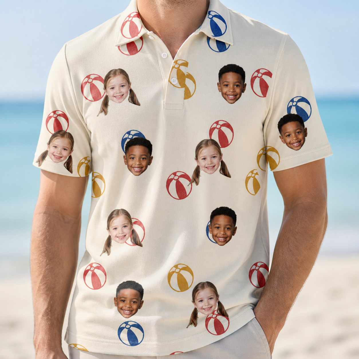 Model wearing Men's Sandy Sidekicks Custom Face Polo Shirt printed with kids' faces