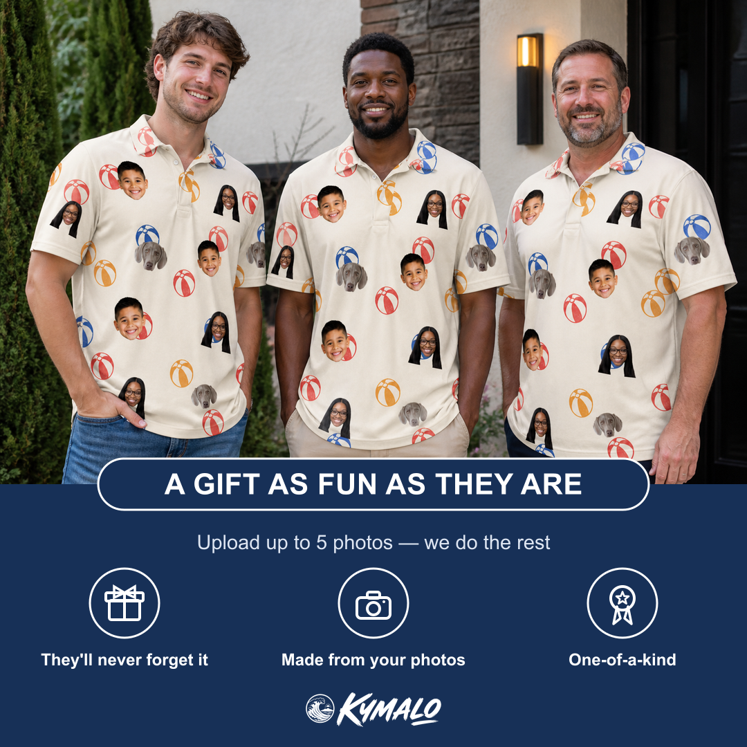Friends in matching Men's Sandy Sidekicks Custom Face Polo Shirt — a group gift photo