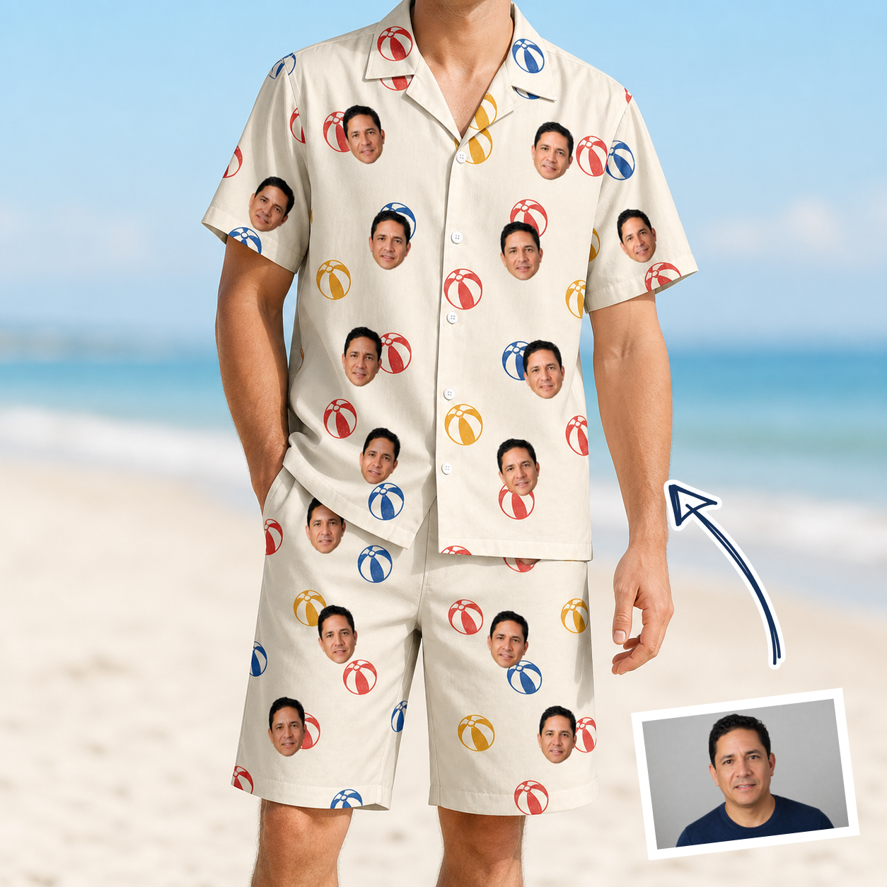 Man wearing Men's Sandy Sidekicks Custom Face Shirt & Shorts Set — custom faces printed all-over
