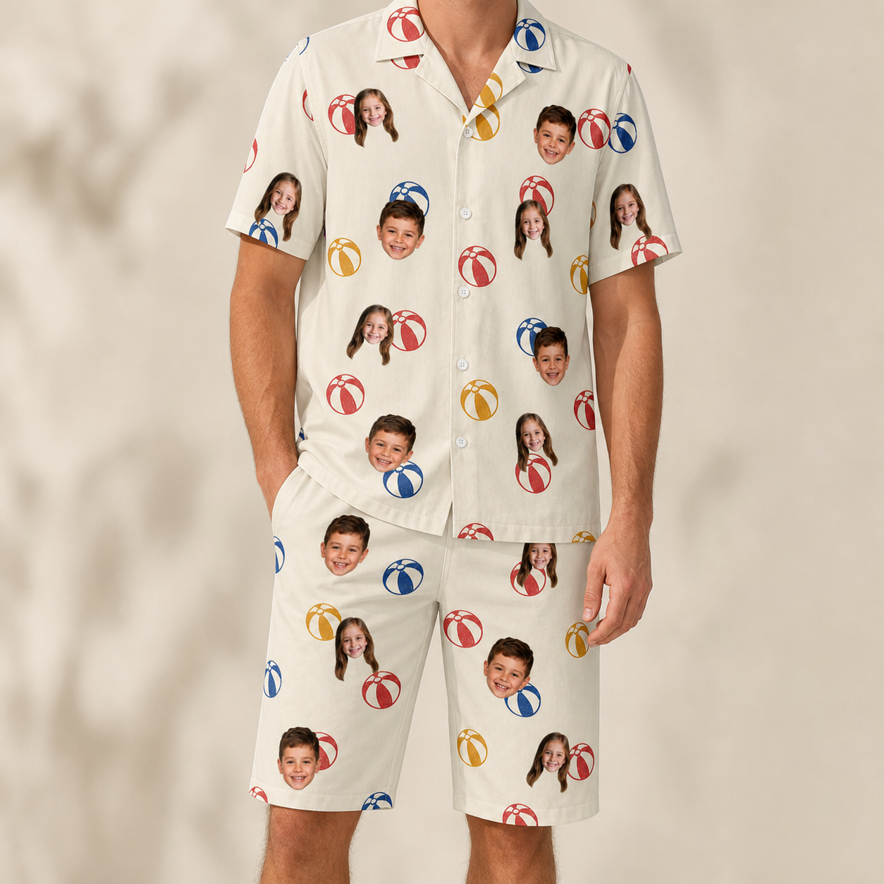 Model wearing Men's Sandy Sidekicks Custom Face Shirt & Shorts Set printed with kids' faces