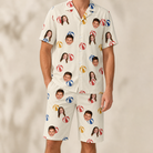 Model wearing Men's Sandy Sidekicks Custom Face Shirt & Shorts Set printed with kids' faces