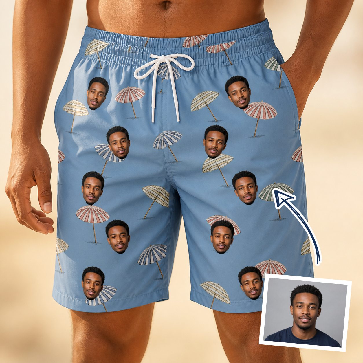 Man wearing Men's Umbrella Uproar Custom Face Beach Shorts — custom faces printed all-over