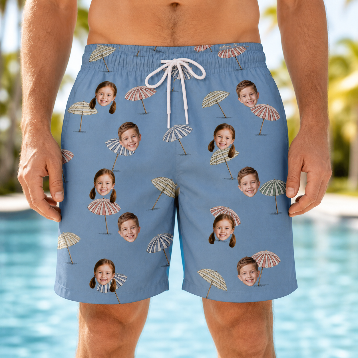 Model wearing Men's Umbrella Uproar Custom Face Beach Shorts printed with kids' faces