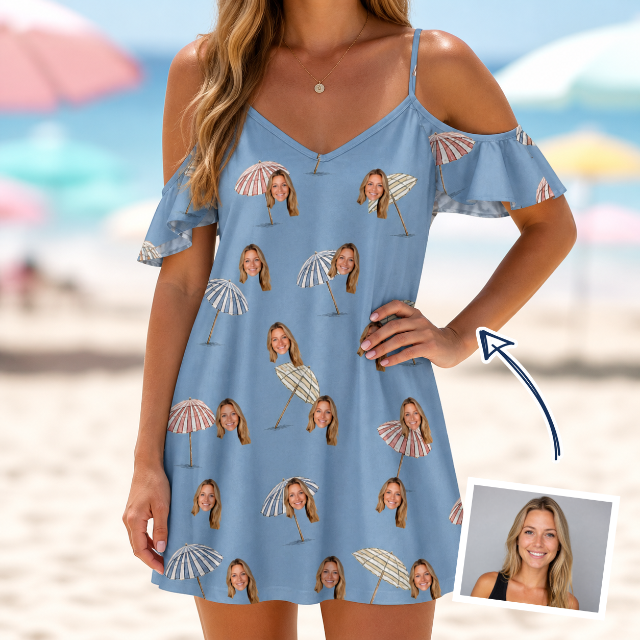 Woman wearing Women's Umbrella Uproar Custom Face Off-Shoulder Dress — custom faces printed all-over