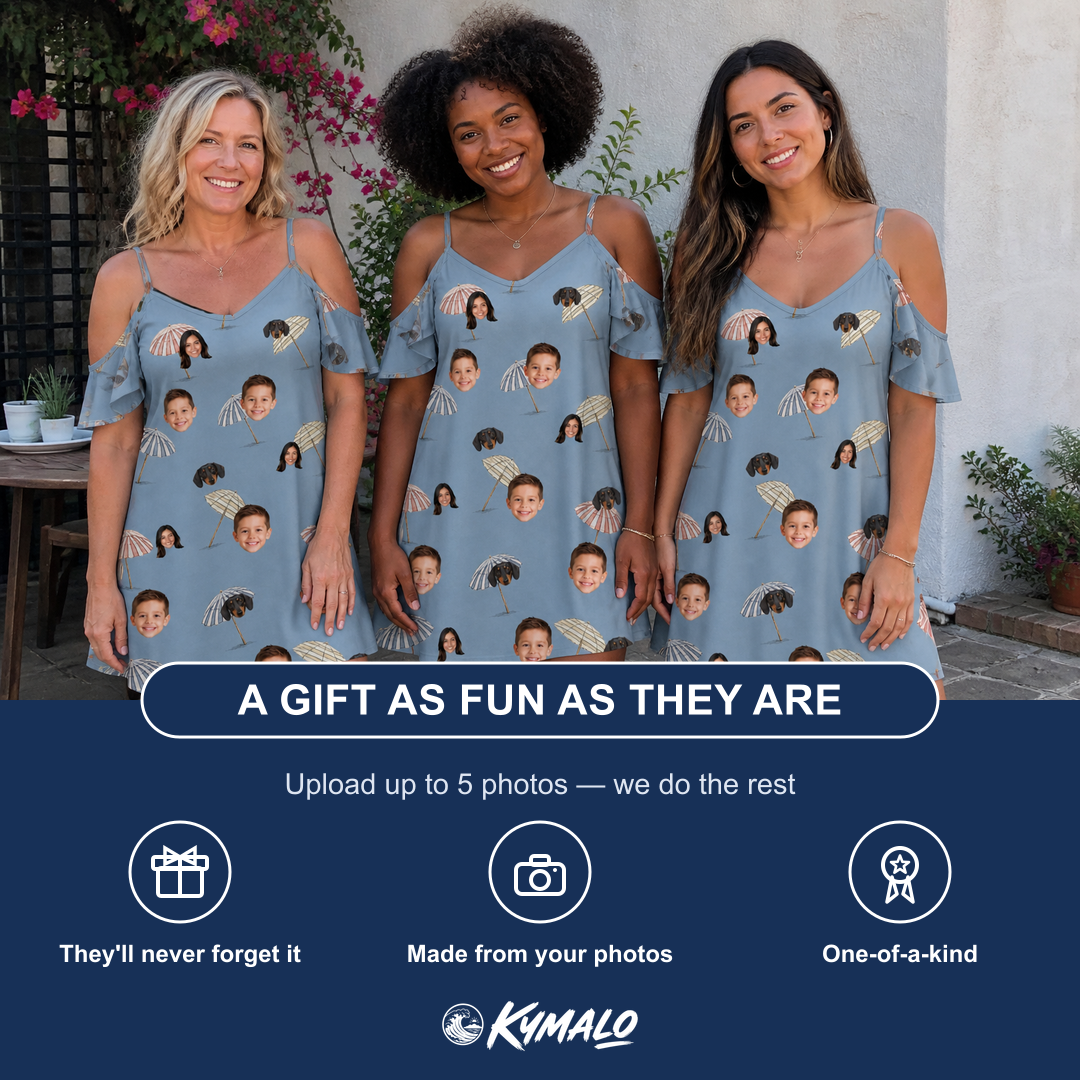 Friends in matching Women's Umbrella Uproar Custom Face Off-Shoulder Dress — a group gift photo