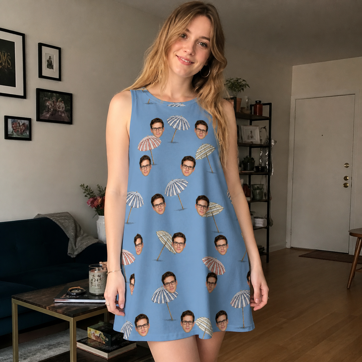 Real-life photo of someone wearing Women's Umbrella Uproar Custom Face Tank Dress — custom faces printed all-over