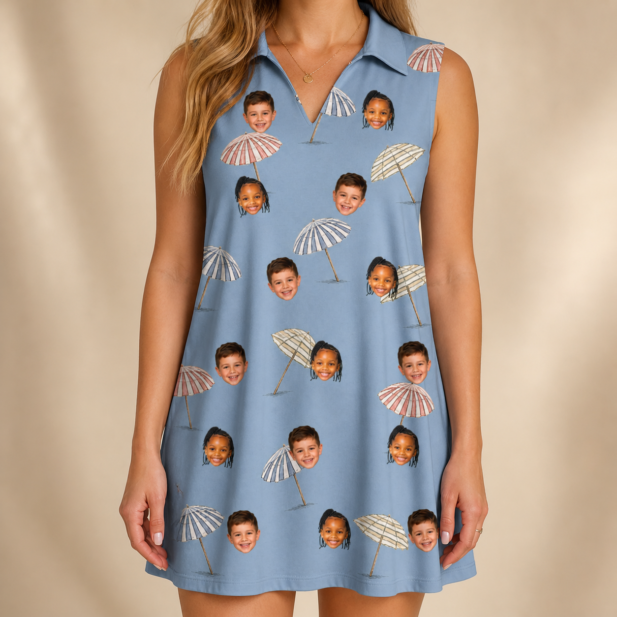 Model wearing Women's Umbrella Uproar Custom Face V-Neck Dress printed with kids' faces
