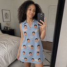 Real-life photo of someone wearing Women's Umbrella Uproar Custom Face V-Neck Dress — custom faces printed all-over