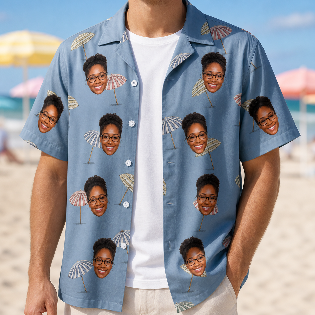 Man wearing Men's Umbrella Uproar Custom Face Hawaiian Shirt open over a white tee