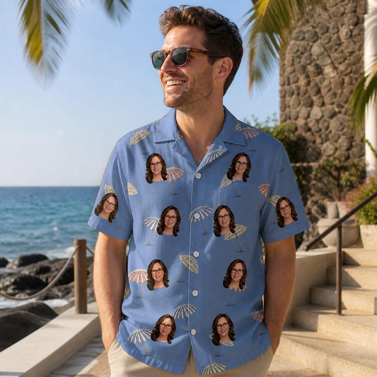 Real-life photo of someone wearing Men's Umbrella Uproar Custom Face Hawaiian Shirt — custom faces printed all-over