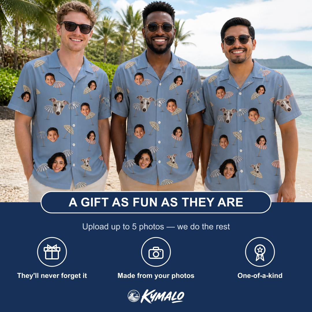 Friends in matching Men's Umbrella Uproar Custom Face Hawaiian Shirt — a group gift photo