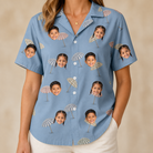 Model wearing Women's Umbrella Uproar Custom Face Hawaiian Shirt printed with kids' faces