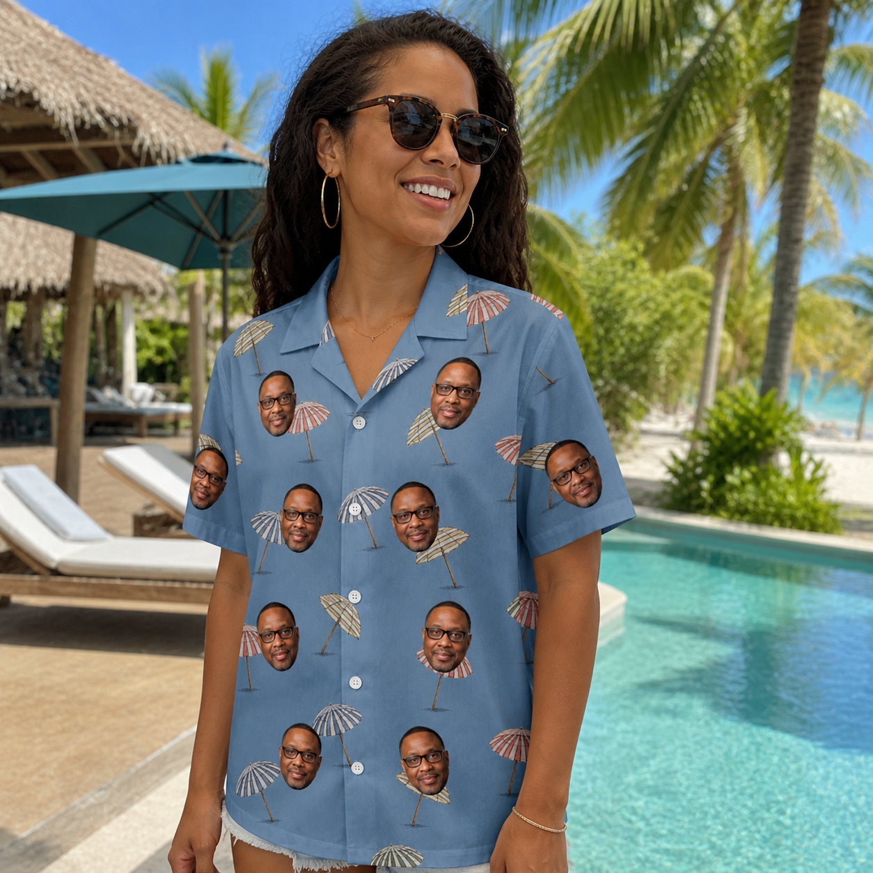 Real-life photo of someone wearing Women's Umbrella Uproar Custom Face Hawaiian Shirt — custom faces printed all-over