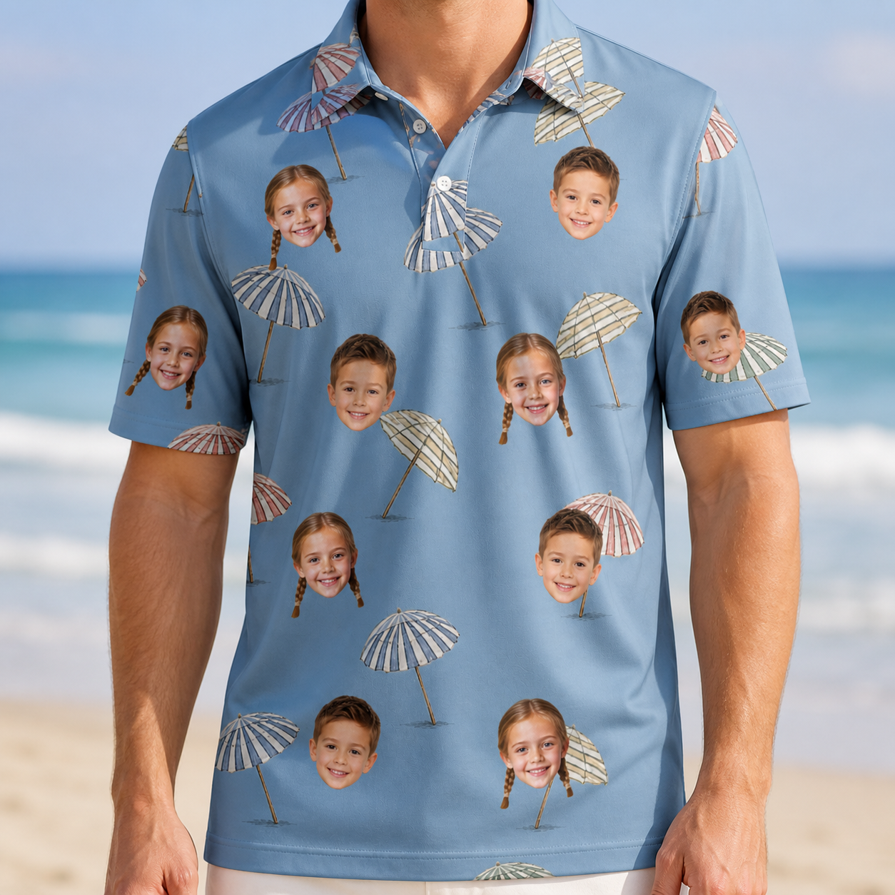 Model wearing Men's Umbrella Uproar Custom Face Polo Shirt printed with kids' faces
