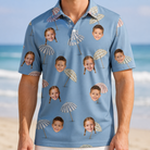 Model wearing Men's Umbrella Uproar Custom Face Polo Shirt printed with kids' faces