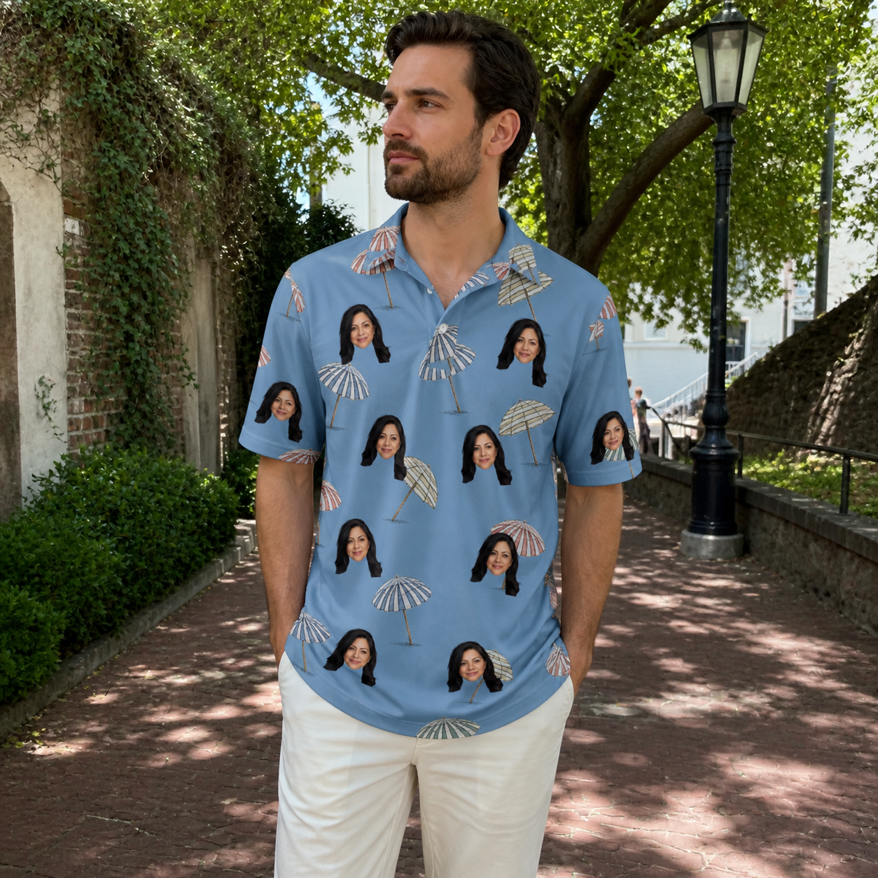 Real-life photo of someone wearing Men's Umbrella Uproar Custom Face Polo Shirt — custom faces printed all-over