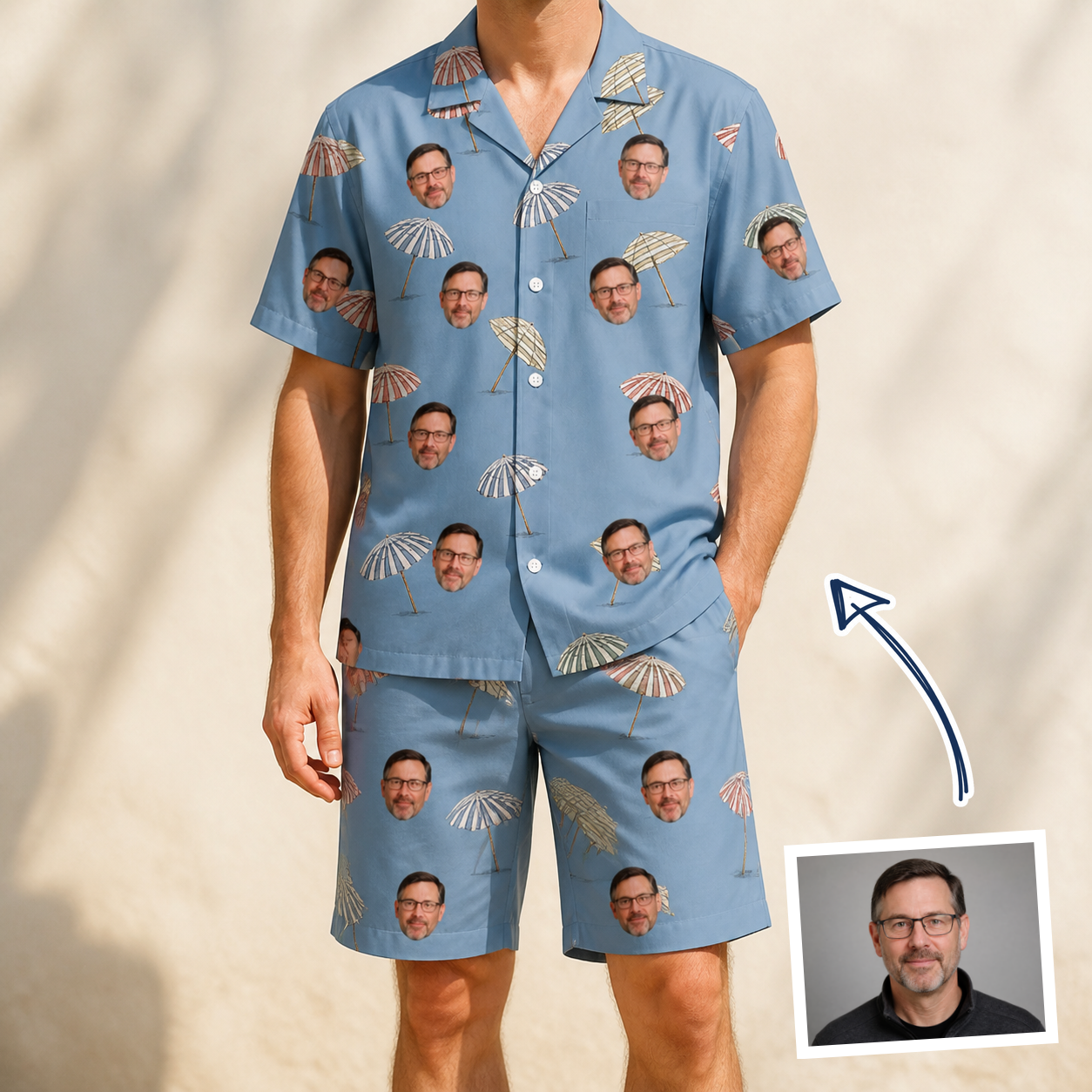 Man wearing Men's Umbrella Uproar Custom Face Shirt & Shorts Set — custom faces printed all-over