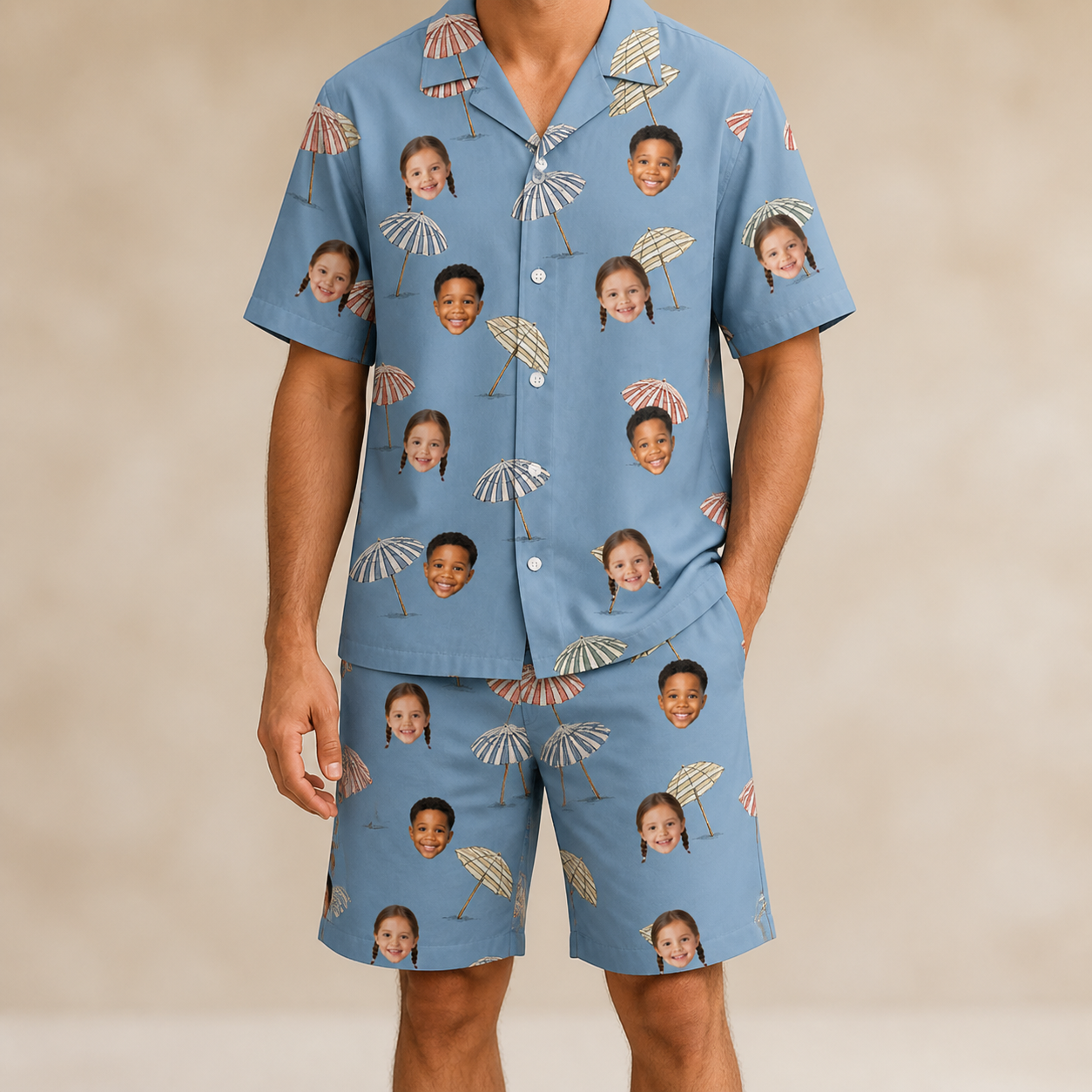Model wearing Men's Umbrella Uproar Custom Face Shirt & Shorts Set printed with kids' faces