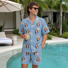 Real-life photo of someone wearing Men's Umbrella Uproar Custom Face Shirt & Shorts Set — custom faces printed all-over