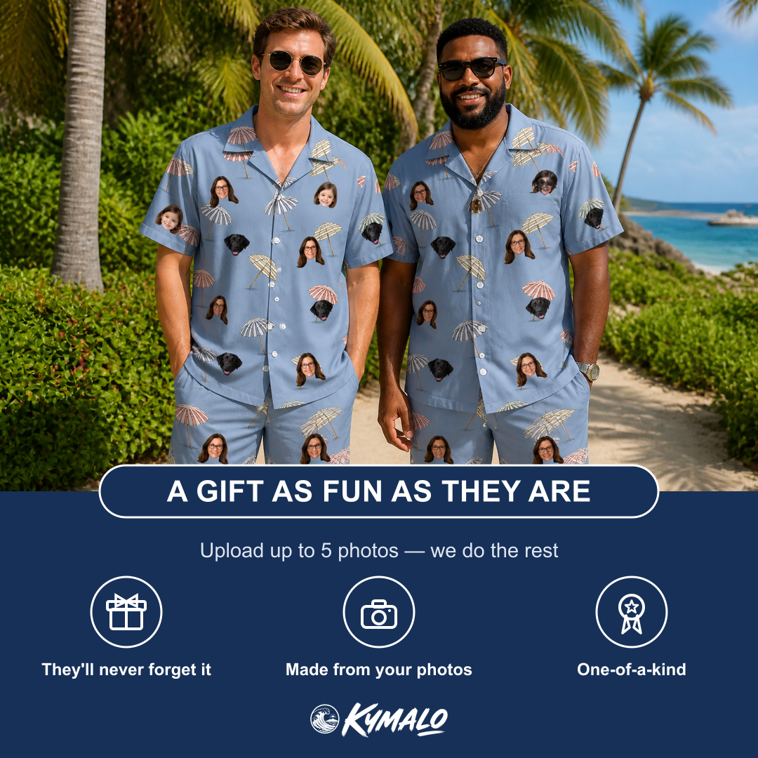 Friends in matching Men's Umbrella Uproar Custom Face Shirt & Shorts Set — a group gift photo