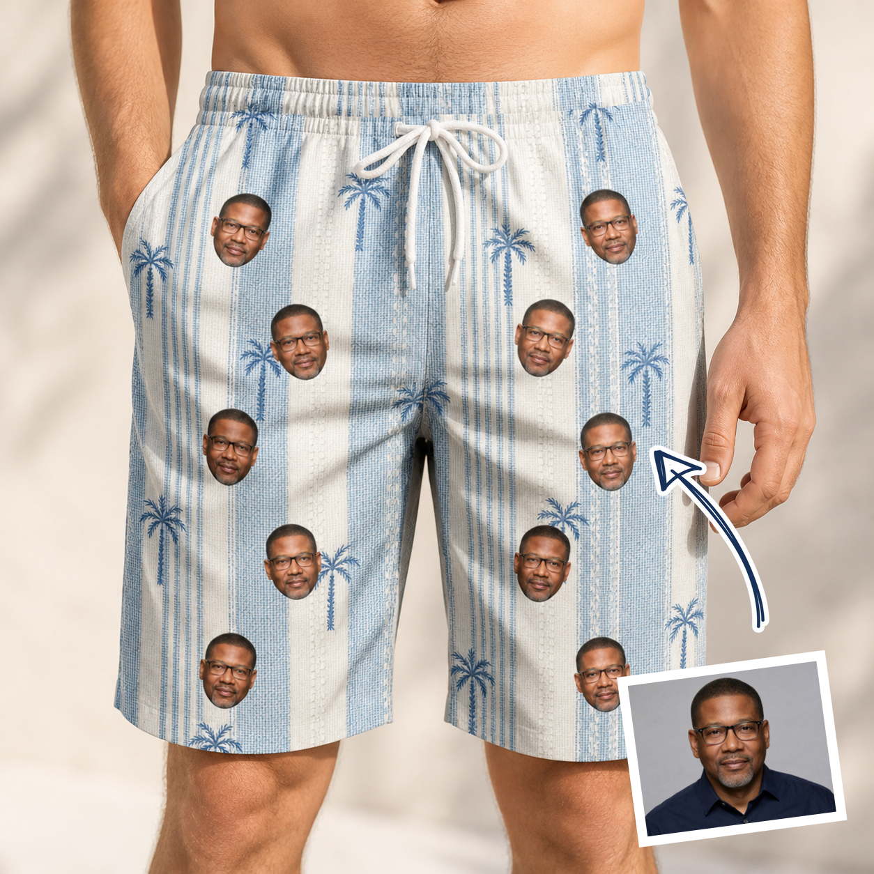 Man wearing Men's Coconut Crew Custom Face Beach Shorts — custom faces printed all-over