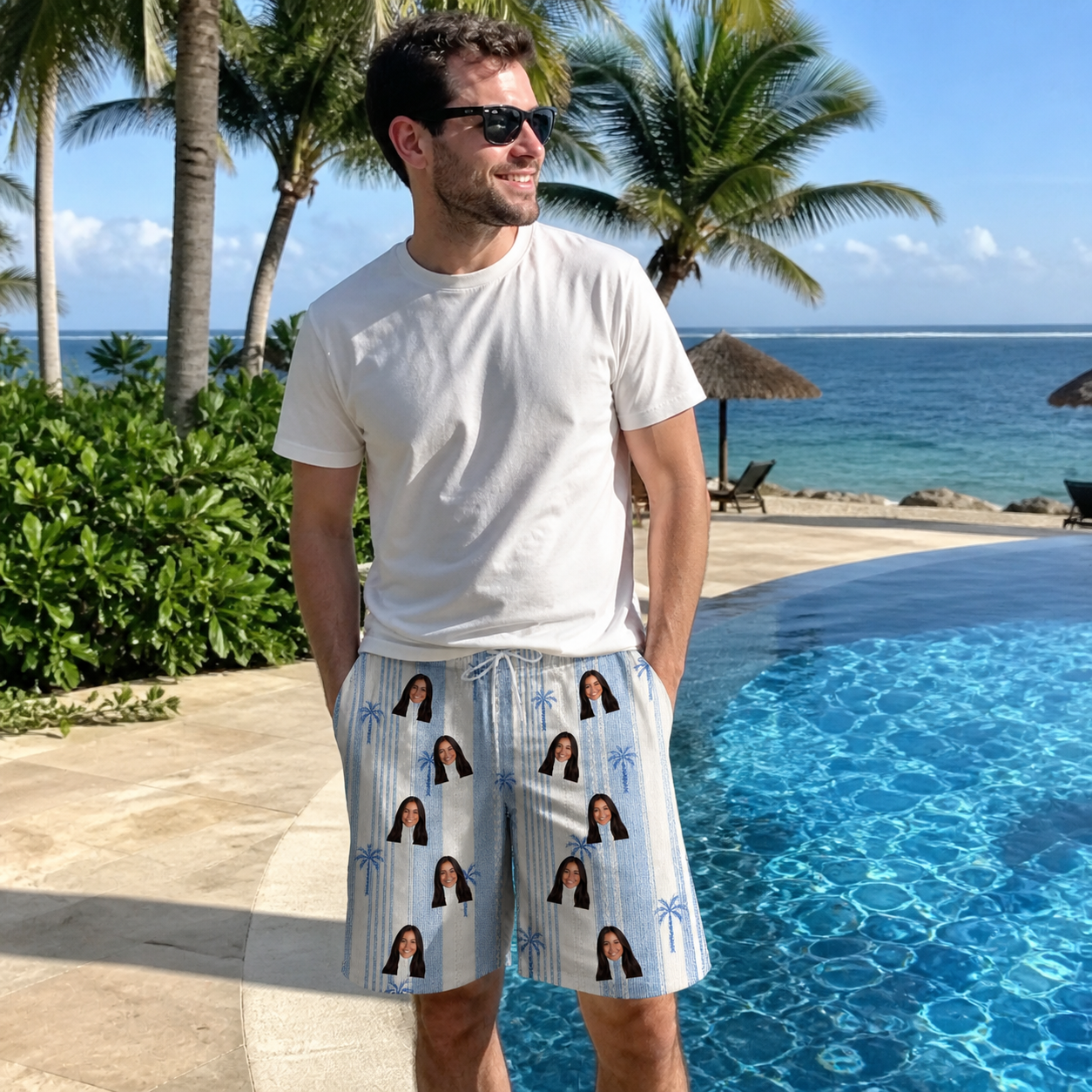 Real-life photo of someone wearing Men's Coconut Crew Custom Face Beach Shorts — custom faces printed all-over