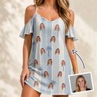 Woman wearing Women's Coconut Crew Custom Face Off-Shoulder Dress — custom faces printed all-over