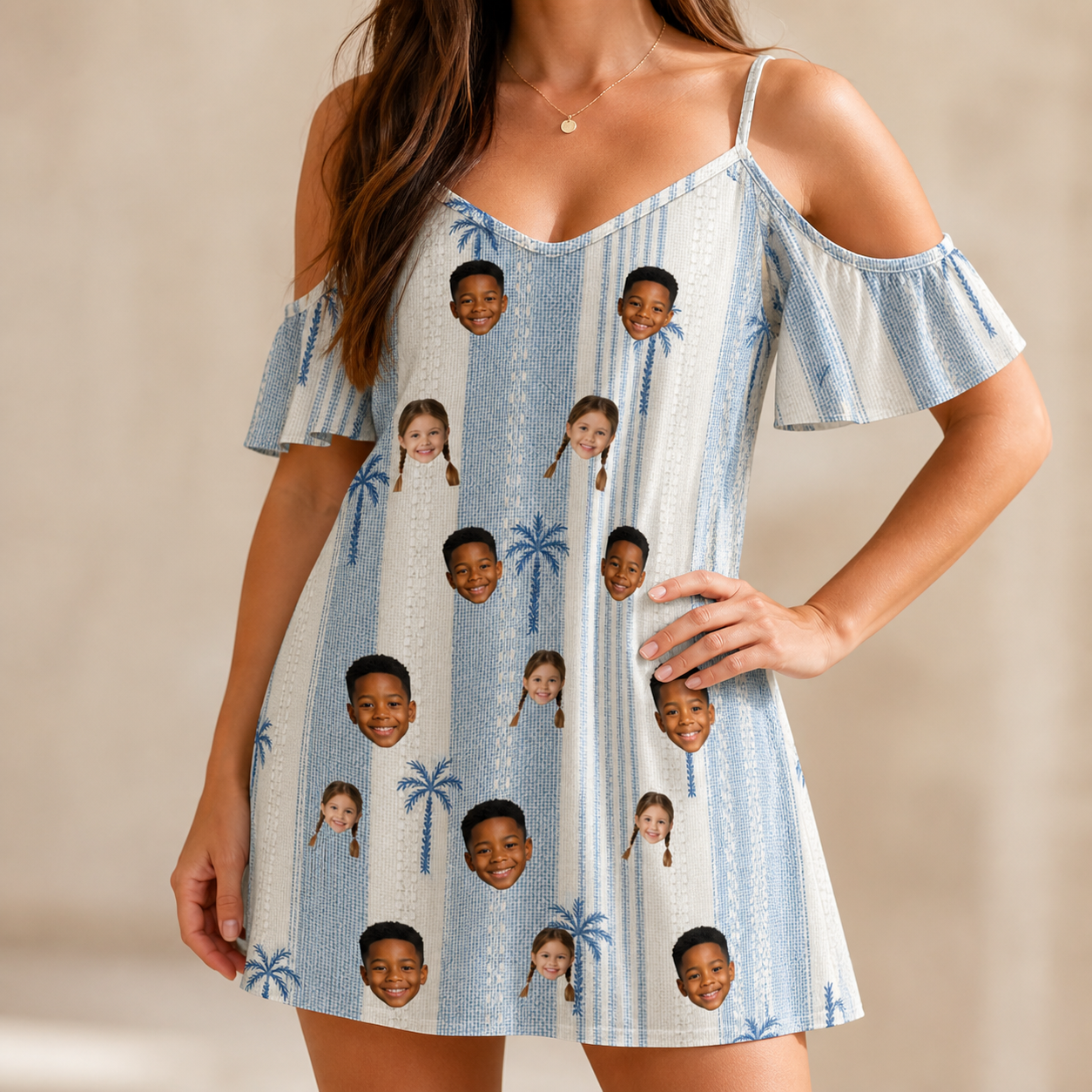 Model wearing Women's Coconut Crew Custom Face Off-Shoulder Dress printed with kids' faces