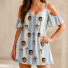 Model wearing Women's Coconut Crew Custom Face Off-Shoulder Dress printed with kids' faces