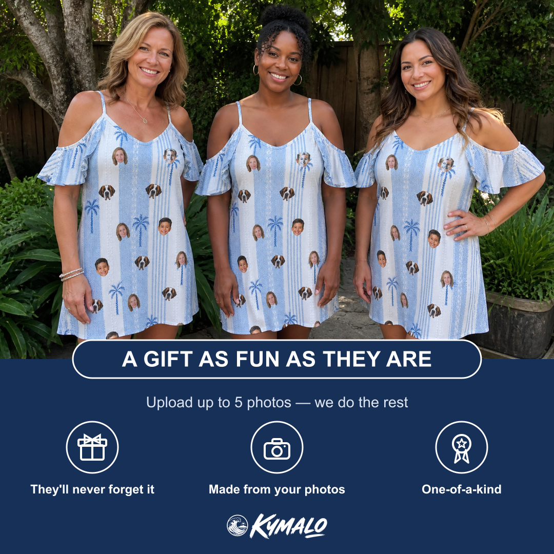 Friends in matching Women's Coconut Crew Custom Face Off-Shoulder Dress — a group gift photo