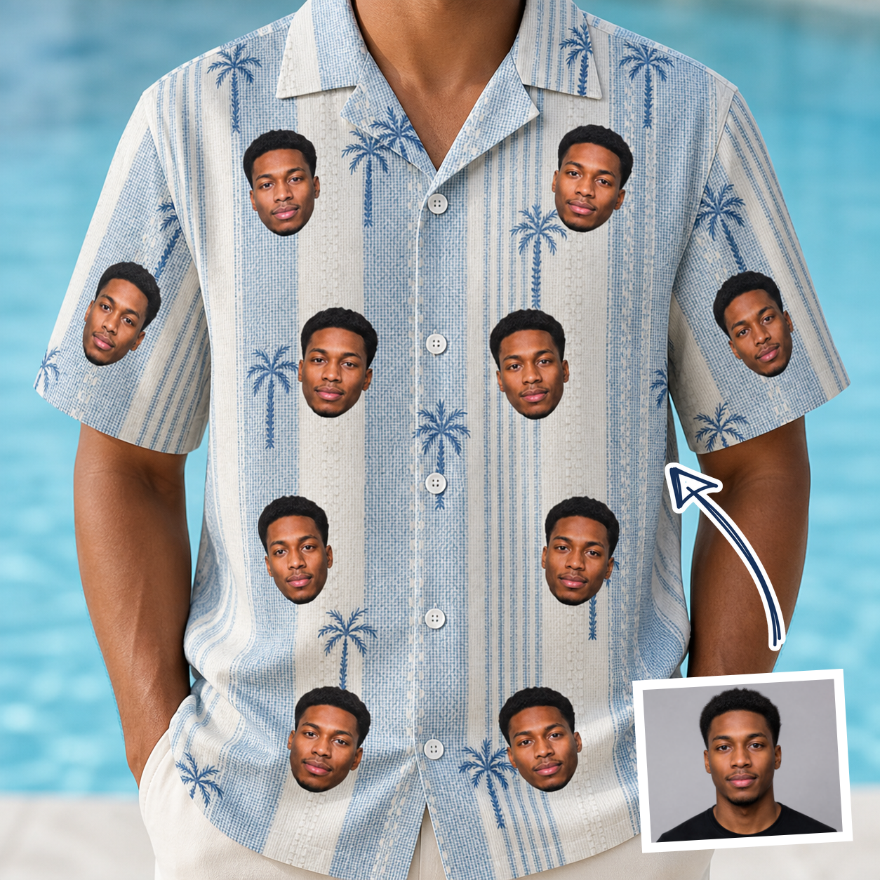 Man wearing Men's Coconut Crew Custom Face Hawaiian Shirt — custom faces printed all-over
