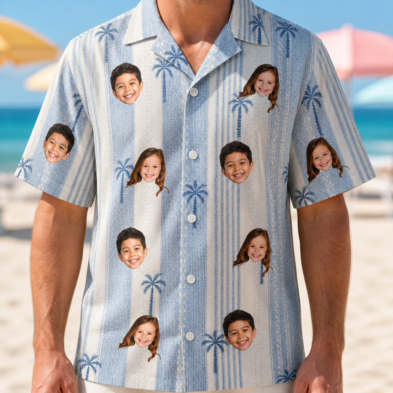 Model wearing Men's Coconut Crew Custom Face Hawaiian Shirt printed with kids' faces
