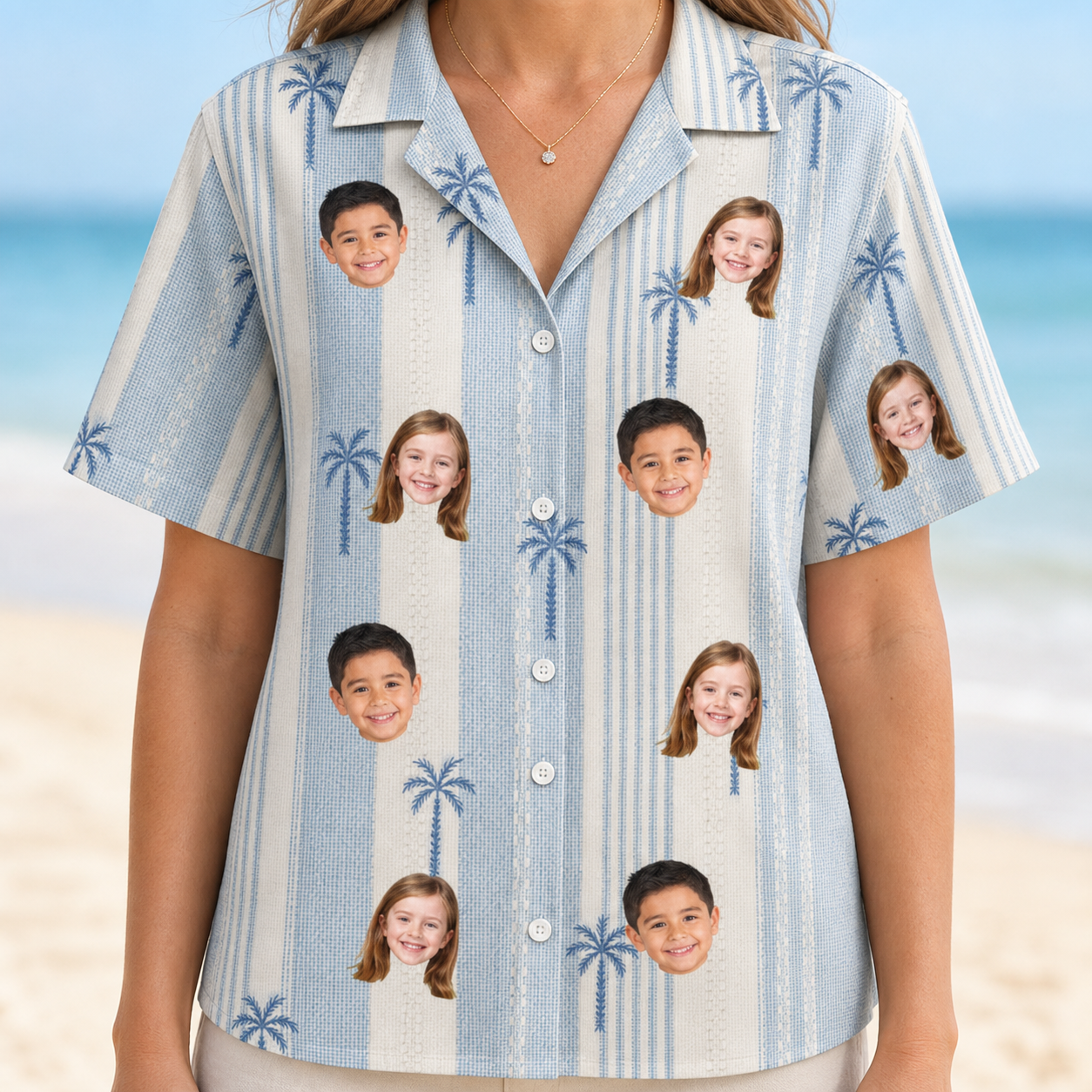 Model wearing Women's Coconut Crew Custom Face Hawaiian Shirt printed with kids' faces