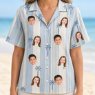 Model wearing Women's Coconut Crew Custom Face Hawaiian Shirt printed with kids' faces