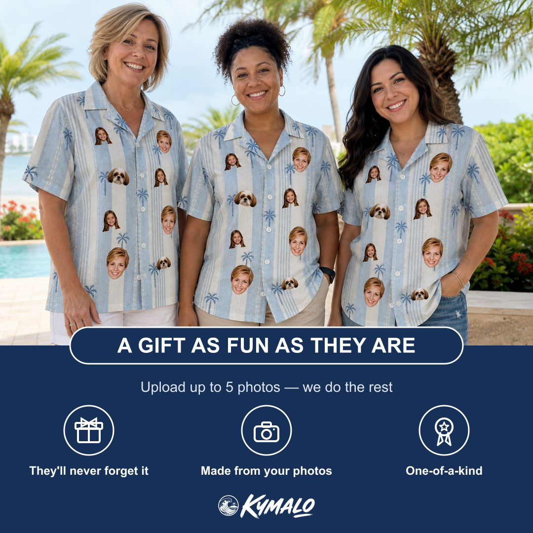 Friends in matching Women's Coconut Crew Custom Face Hawaiian Shirt — a group gift photo