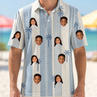 Model wearing Men's Coconut Crew Custom Face Polo Shirt printed with kids' faces