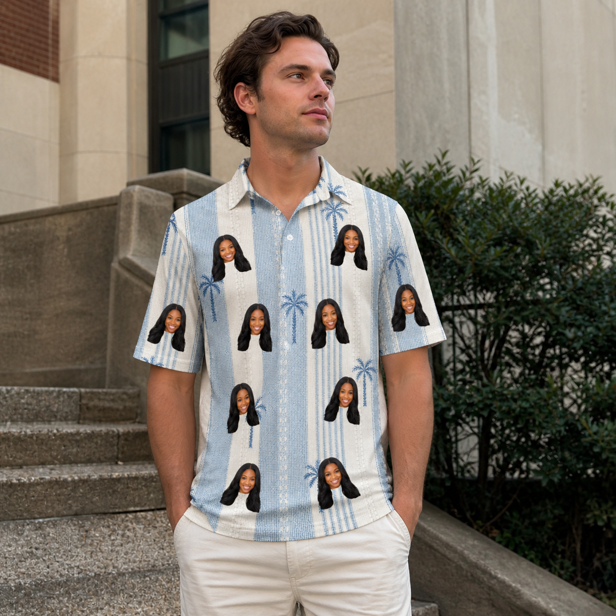 Real-life photo of someone wearing Men's Coconut Crew Custom Face Polo Shirt — custom faces printed all-over