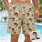 Man wearing Men's Flag Fandango Custom Face Beach Shorts — custom faces printed all-over