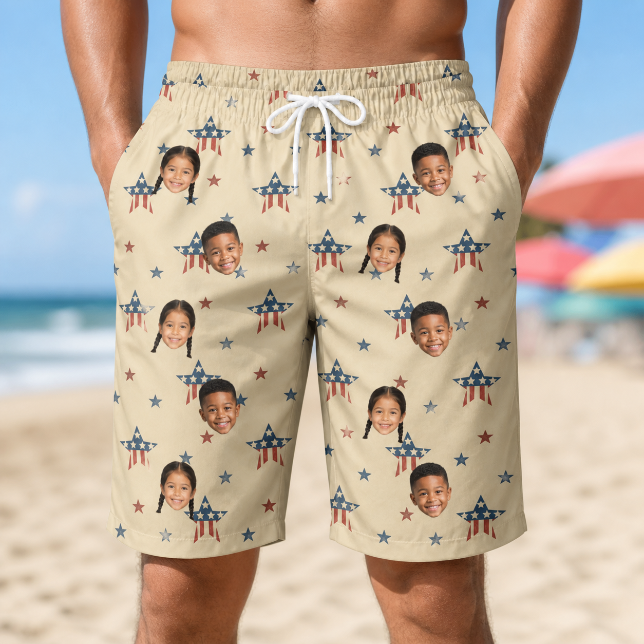 Model wearing Men's Flag Fandango Custom Face Beach Shorts printed with kids' faces