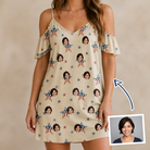 Woman wearing Women's Flag Fandango Custom Face Off-Shoulder Dress — custom faces printed all-over