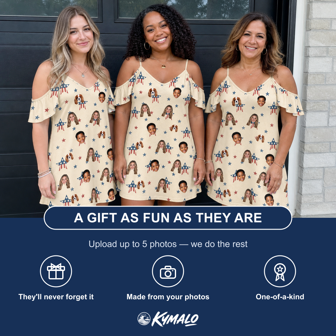 Friends in matching Women's Flag Fandango Custom Face Off-Shoulder Dress — a group gift photo