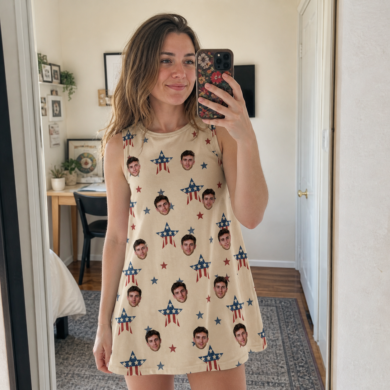 Real-life photo of someone wearing Women's Flag Fandango Custom Face Tank Dress — custom faces printed all-over