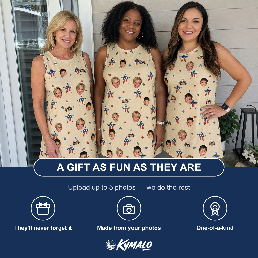 Friends in matching Women's Flag Fandango Custom Face Tank Dress — a group gift photo
