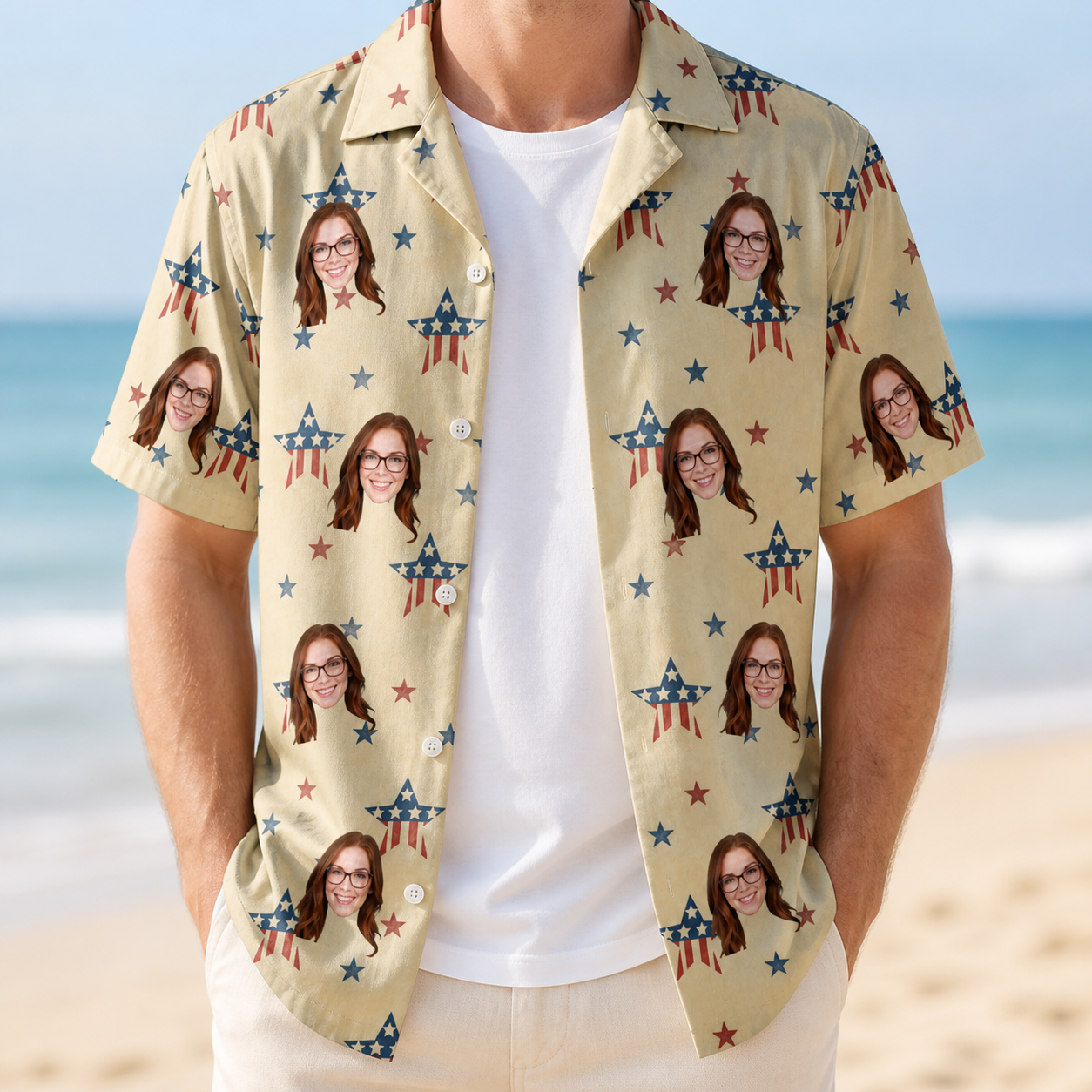 Man wearing Men's Flag Fandango Custom Face Hawaiian Shirt open over a white tee